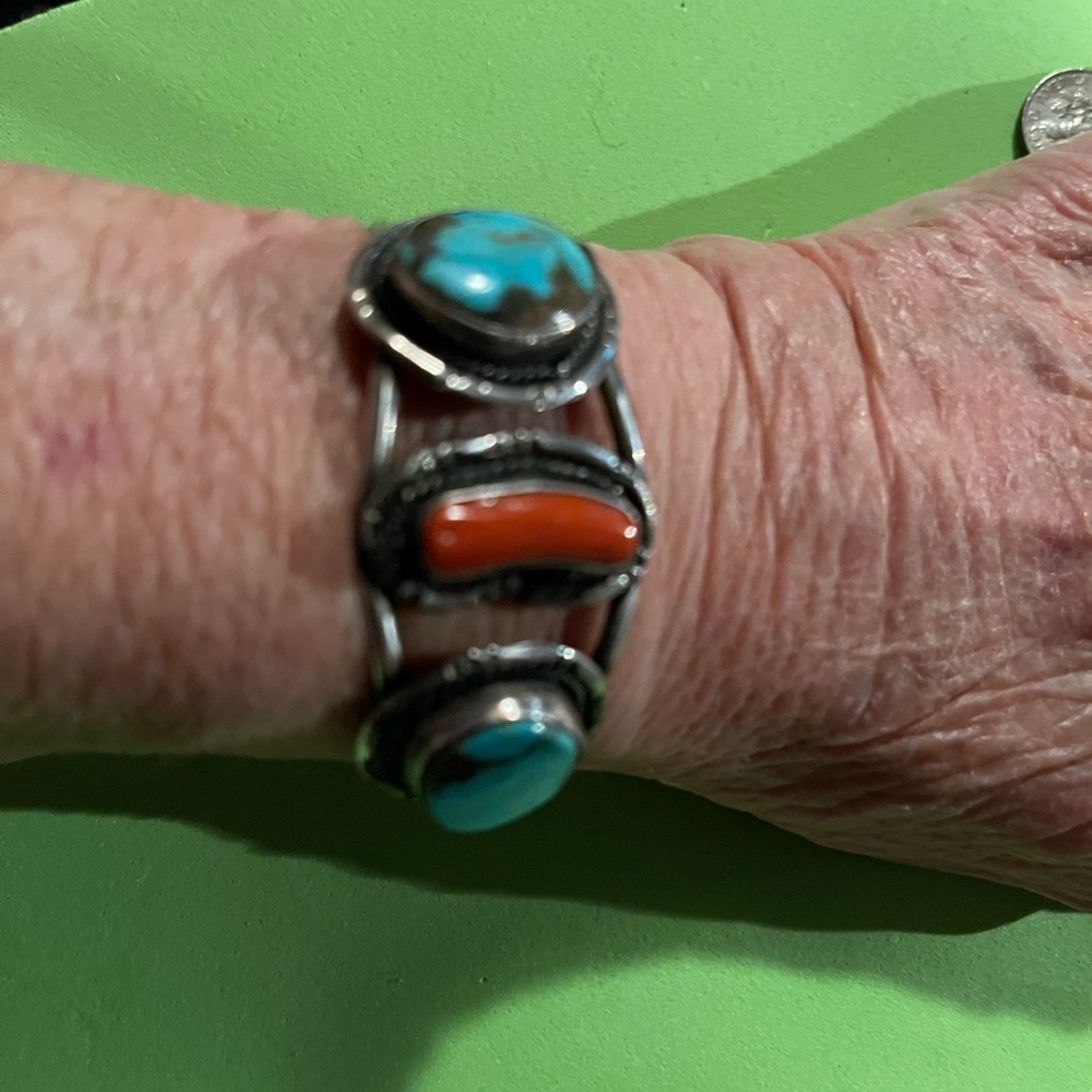 Small ladies Kingman Turquoise and Coral Bracelet.